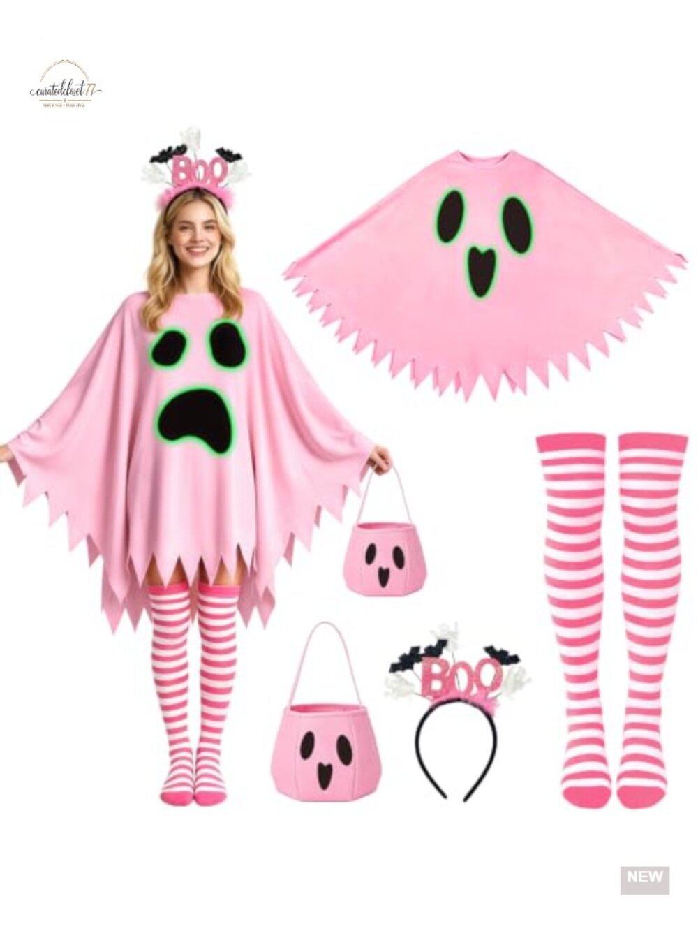 4PC Women's Ghost Halloween Costume Set Glow in the Dark Poncho Headband Socks